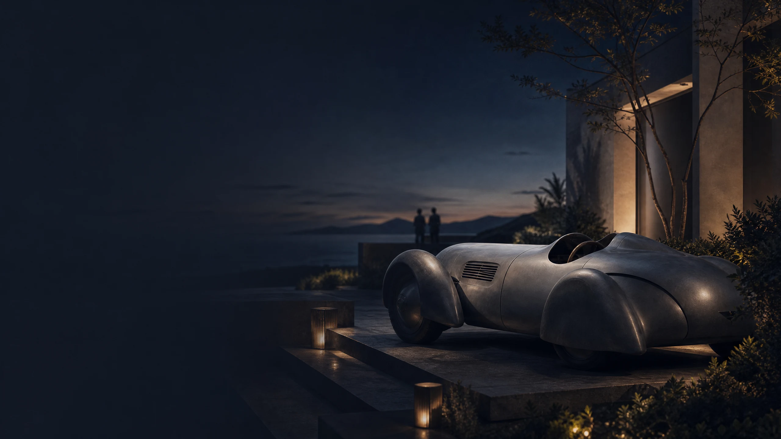Conceptual outdoor automotive gathering with guests in conversation