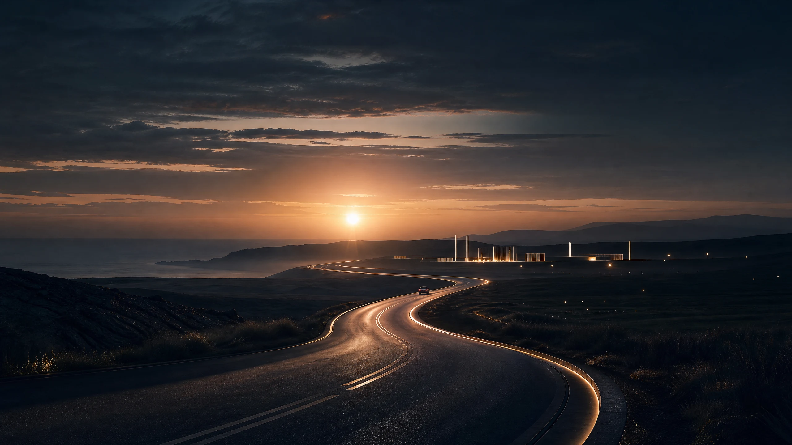 Conceptual automotive arrival on a scenic road toward an illuminated hospitality setting