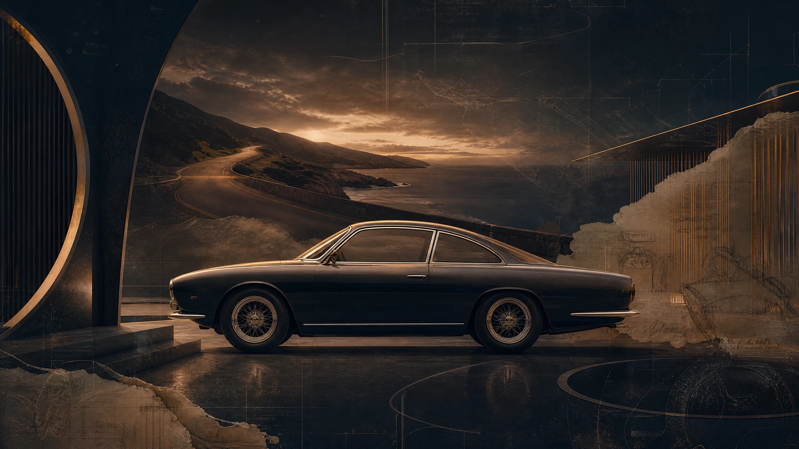 Conceptual classic sports car on a coastal road with archival provenance documents