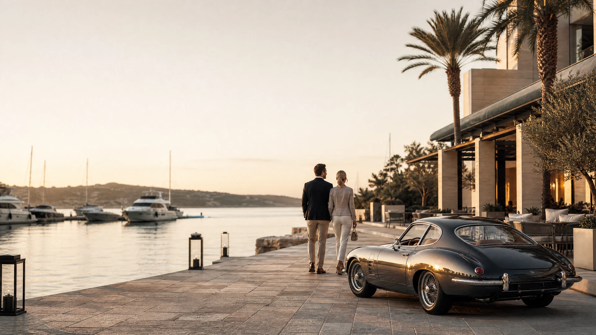 Classic sports car beside a calm waterfront promenade