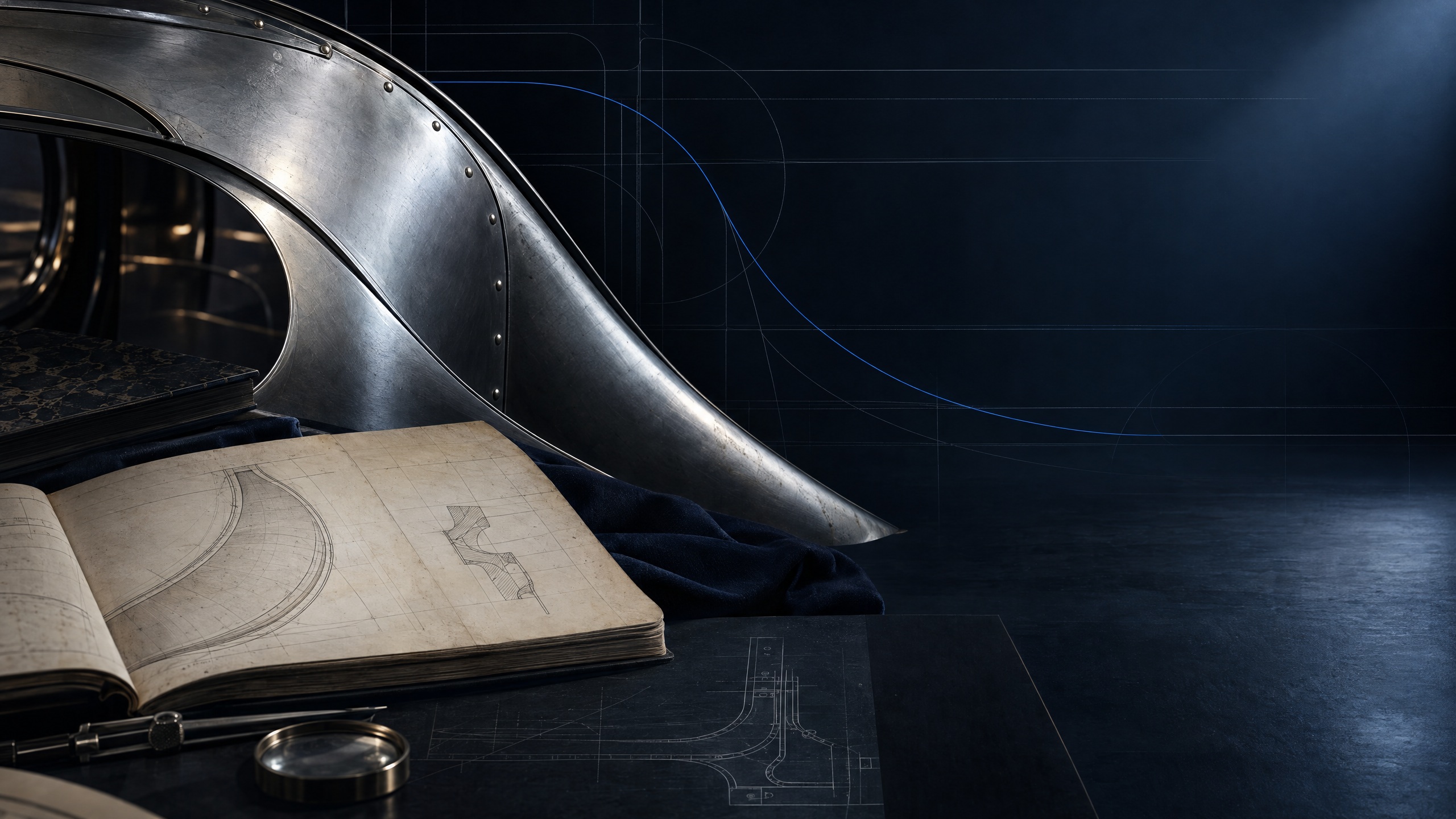 Original editorial illustration of fictional curved coachwork-like metal and archival record textures; not a Duesenberg, Lot 389, RM Sotheby’s, AACA, or Hershey photograph.