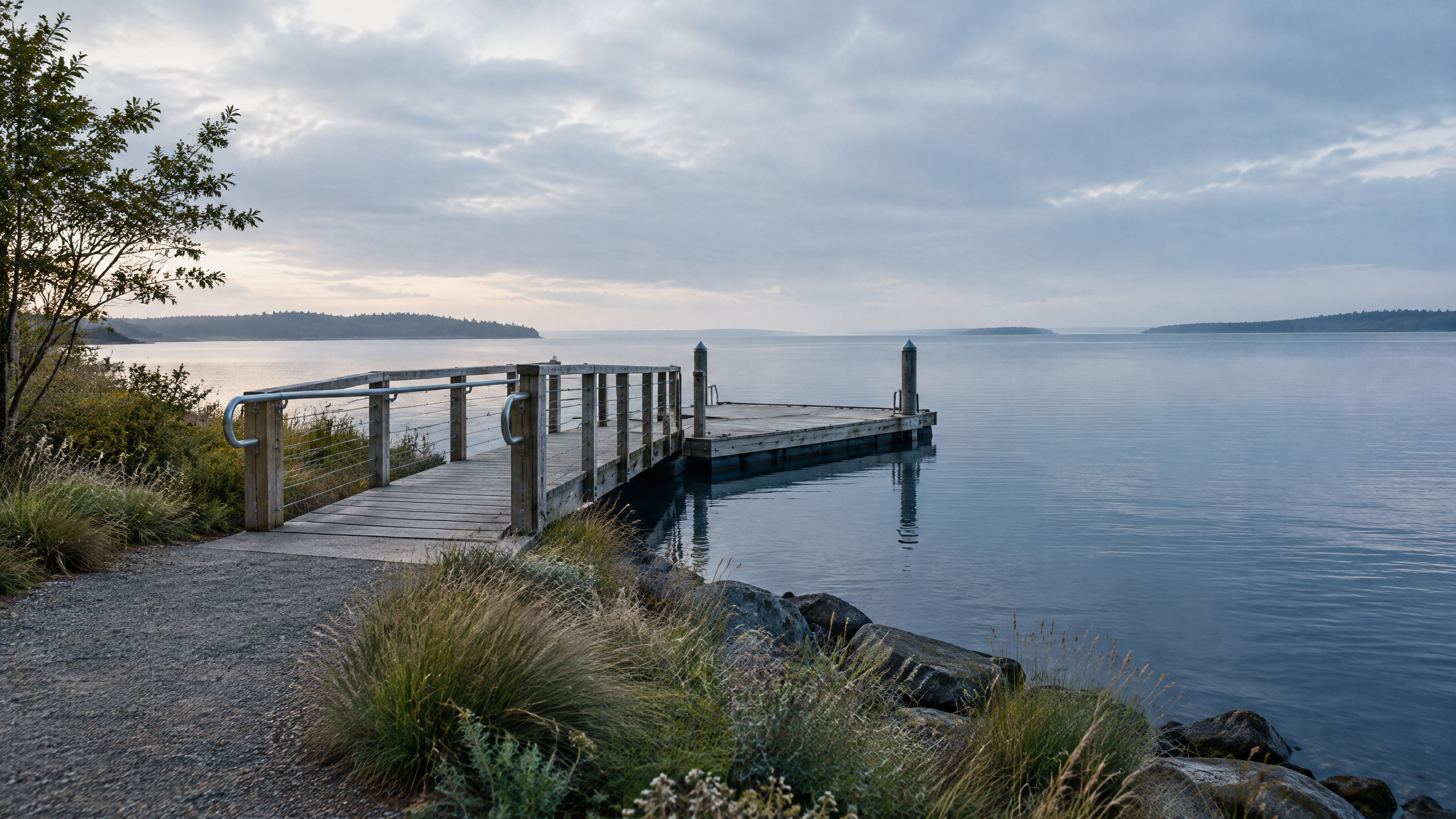 Original editorial illustration of a fictional waterfront gangway, floating dock, shoreline planting, and calm water.