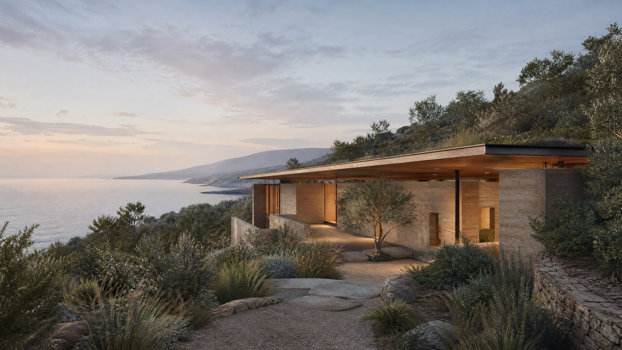 Original editorial illustration of an imagined coastal residence integrated with a hillside landscape; not NOT A HOTEL Setouchi or a real property.