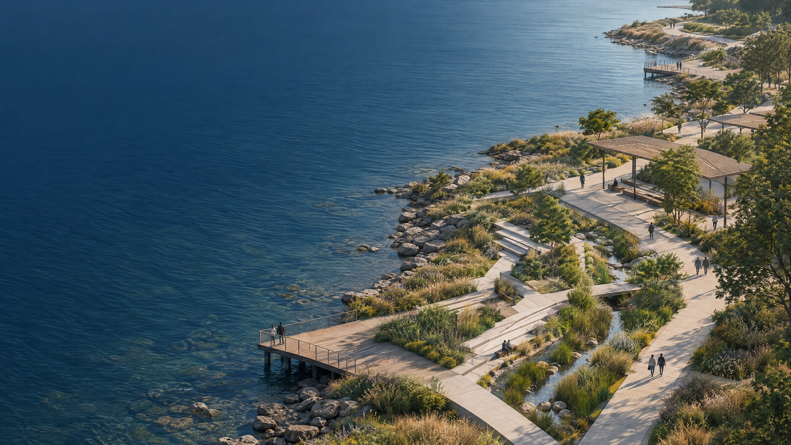 Original architectural editorial illustration of a fictional public shoreline promenade, planting terraces, and water access.