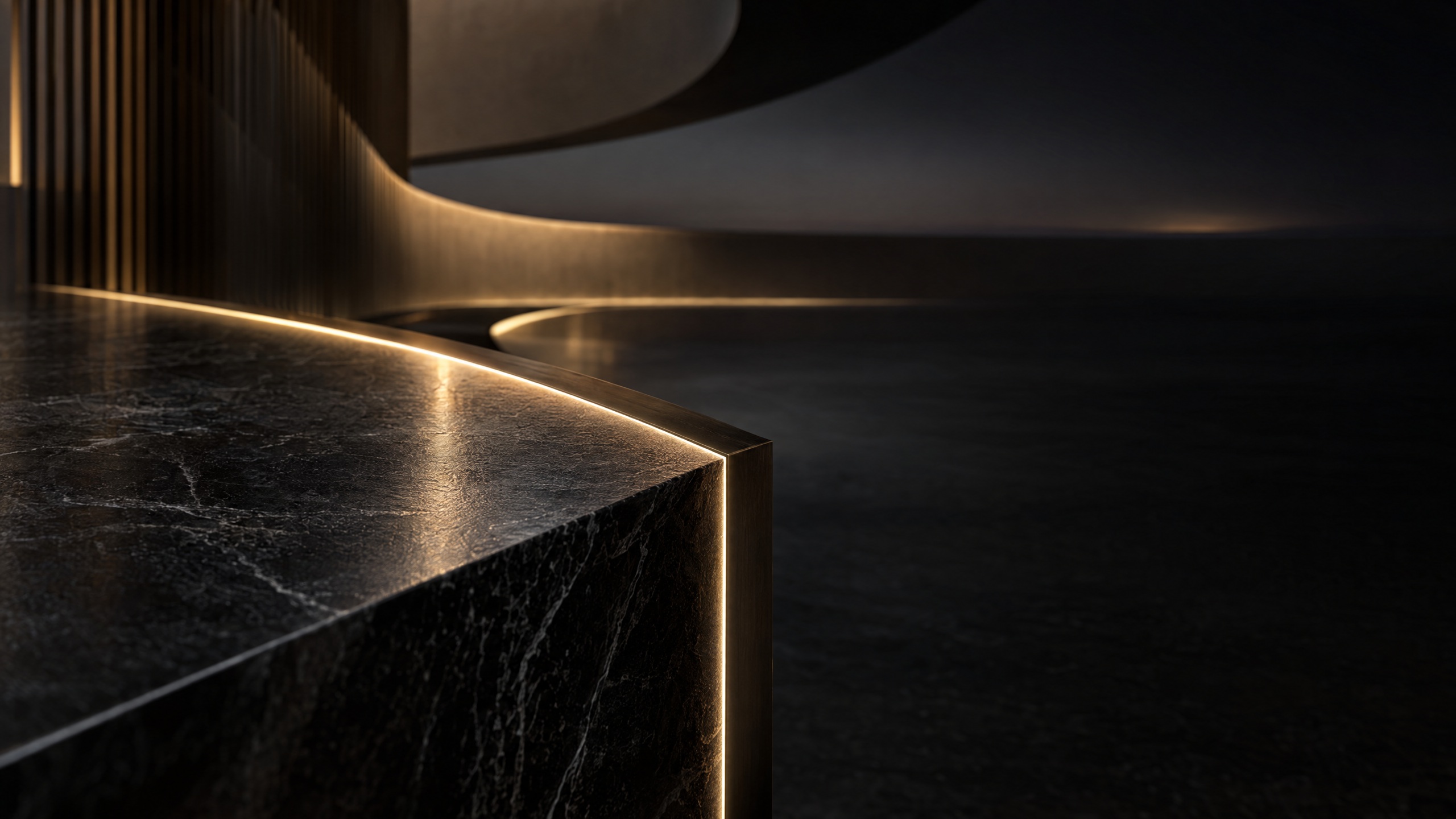 Original editorial illustration of a fictional dark tactile surface, reflected light, and an architectural edge; not The Out Lap, Moët Hennessy, LVMH, Formula 1, a circuit, product, meal, event, or guest experience.