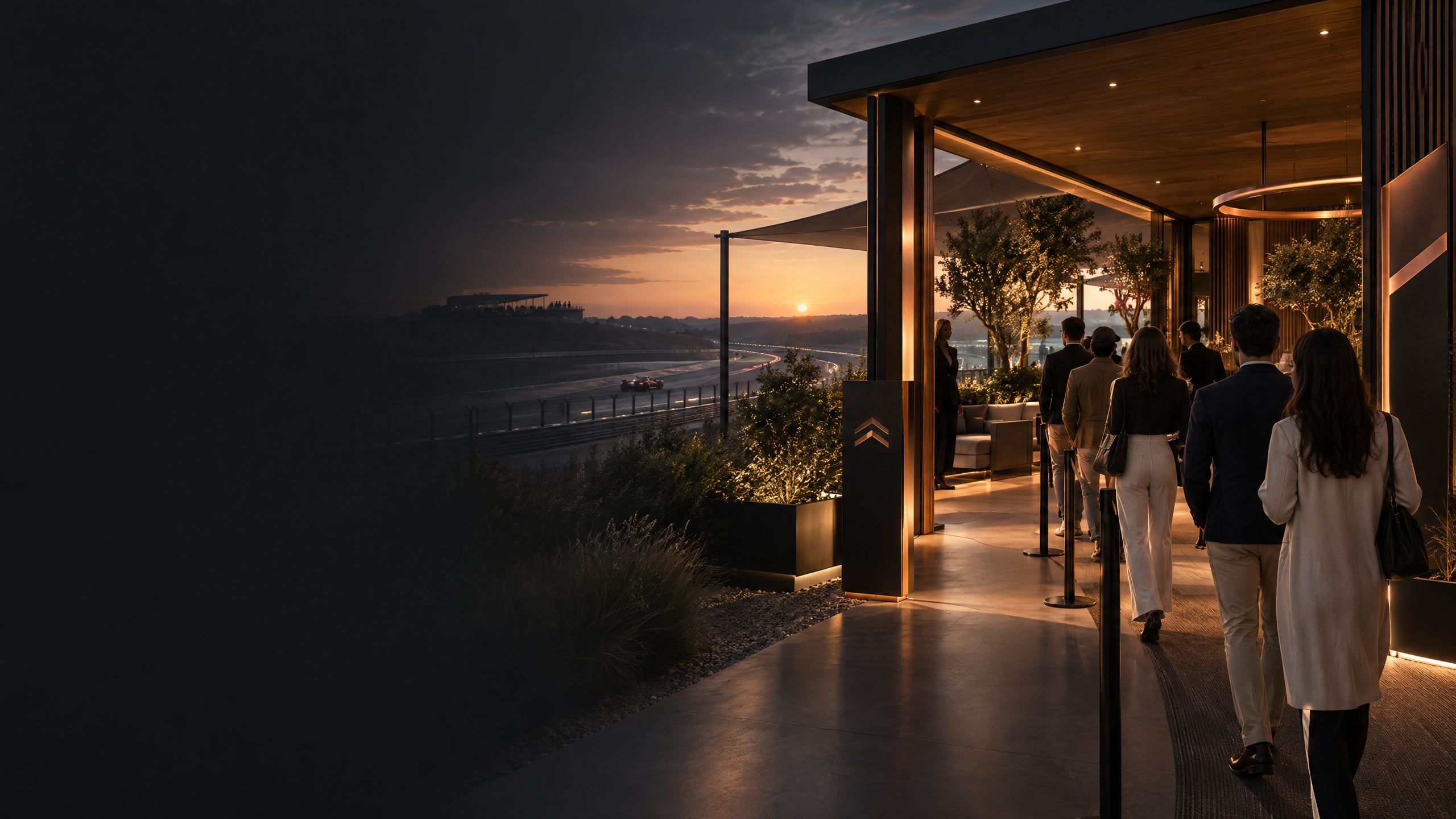 Original editorial illustration of a fictional race-week hospitality arrival sequence at dusk.