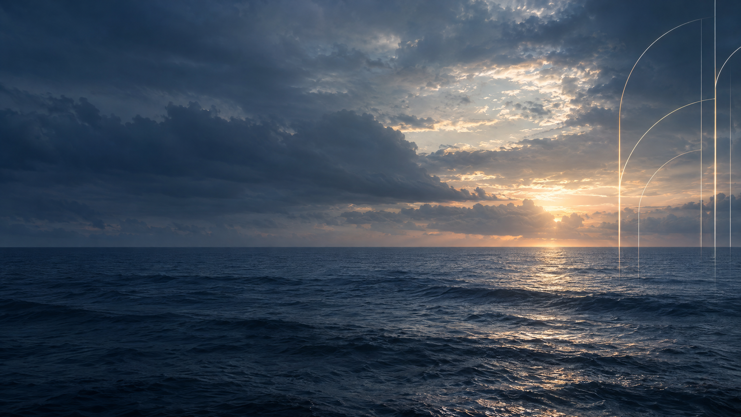 Conceptual Gulf horizon after clearing weather with fine architectural linework, created for a Fast Town recovery-information article.