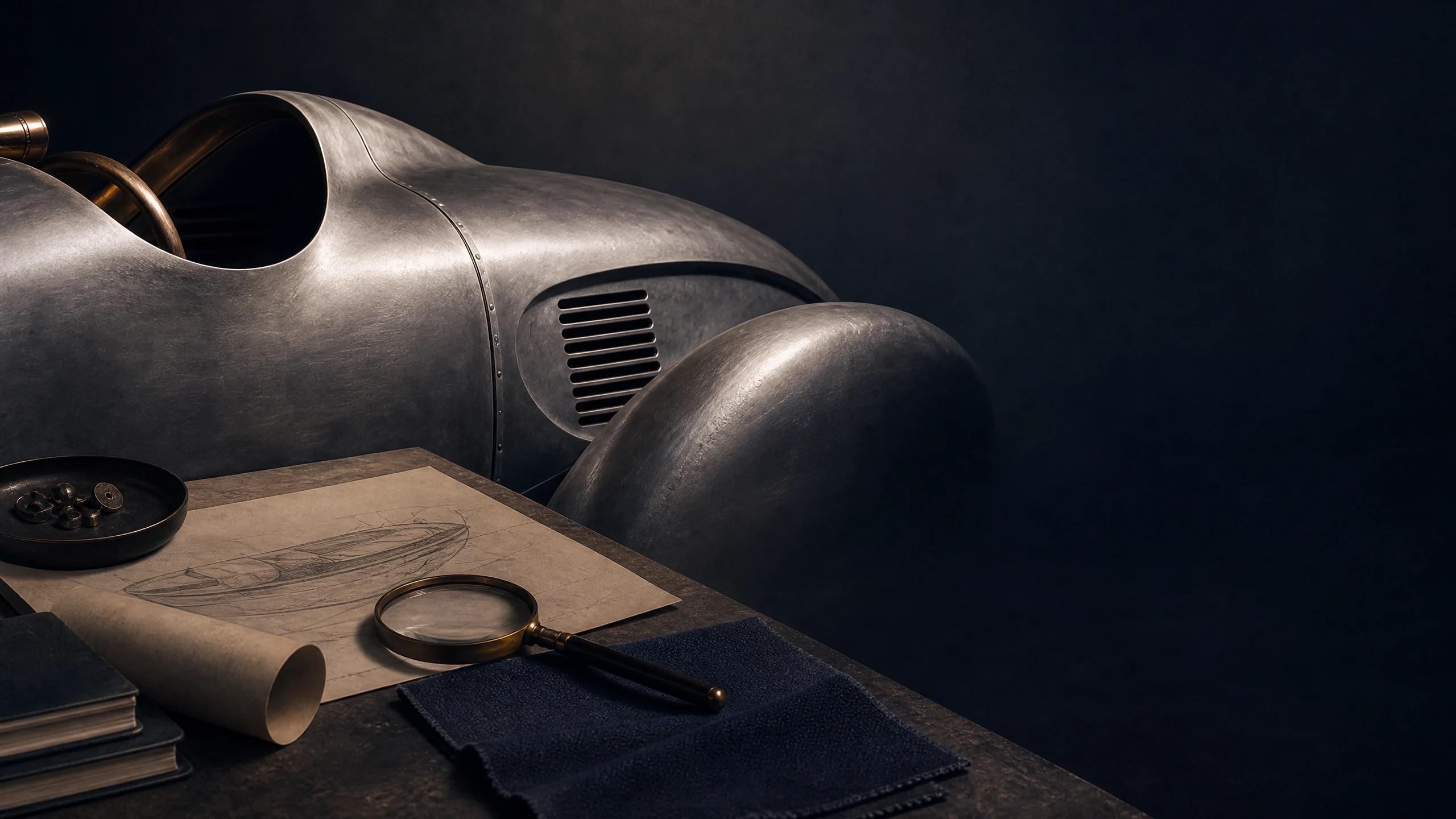 Conceptual still life of a historic automobile, archival plans, and inspection tools