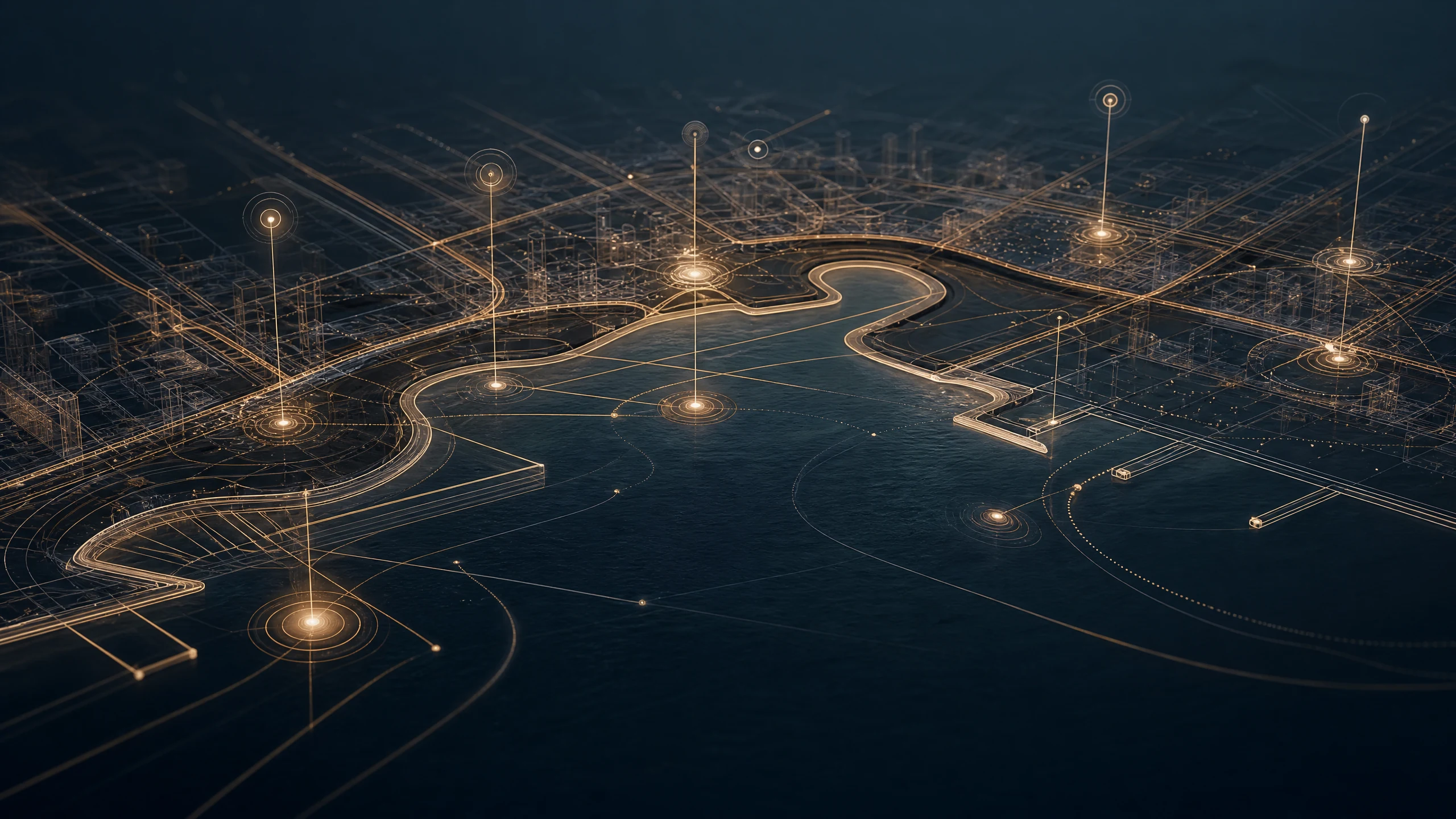 Conceptual waterfront city at night with connected data and infrastructure lines