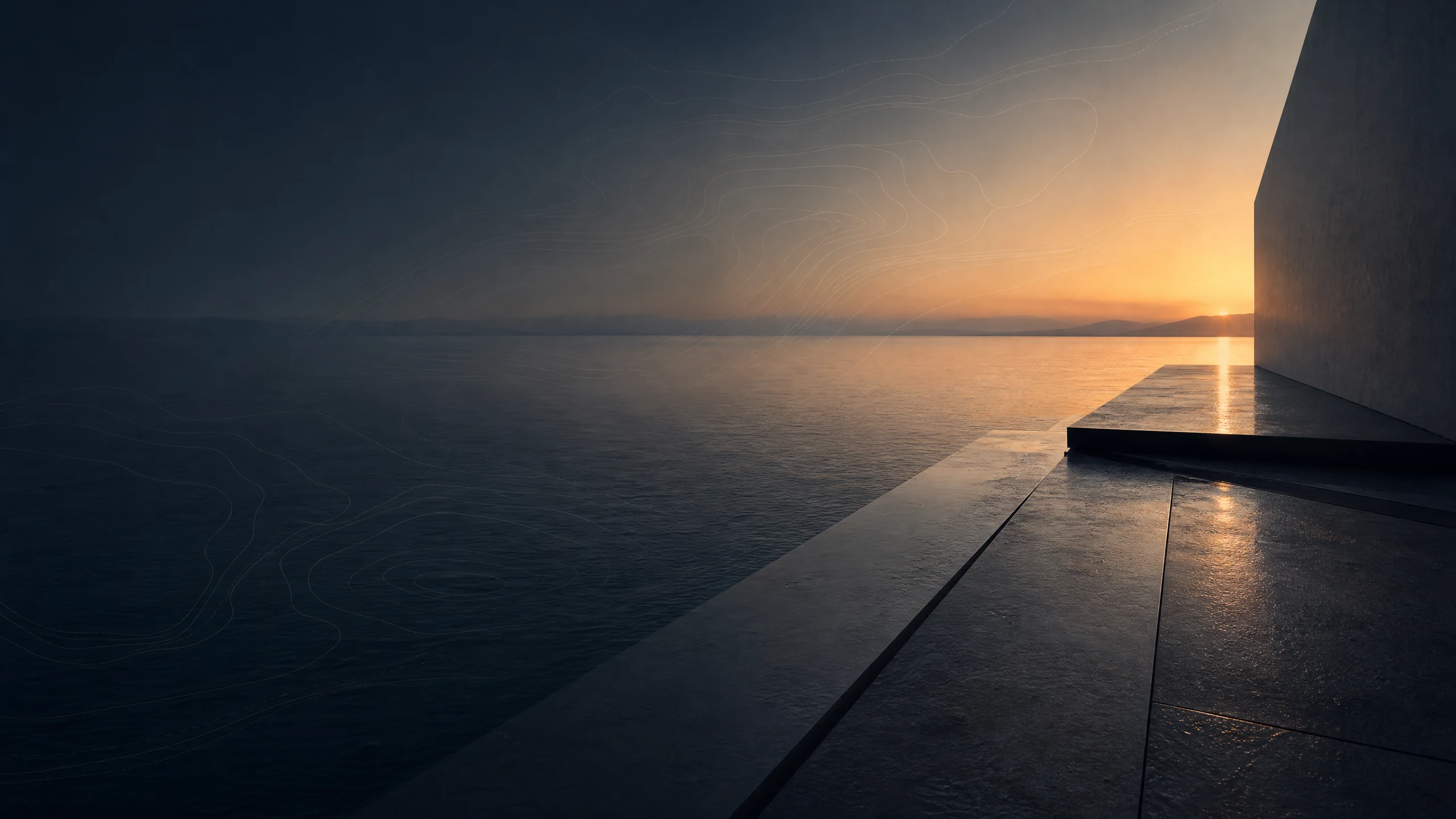 Conceptual coastal waterfront after a storm with calm water and distant structures