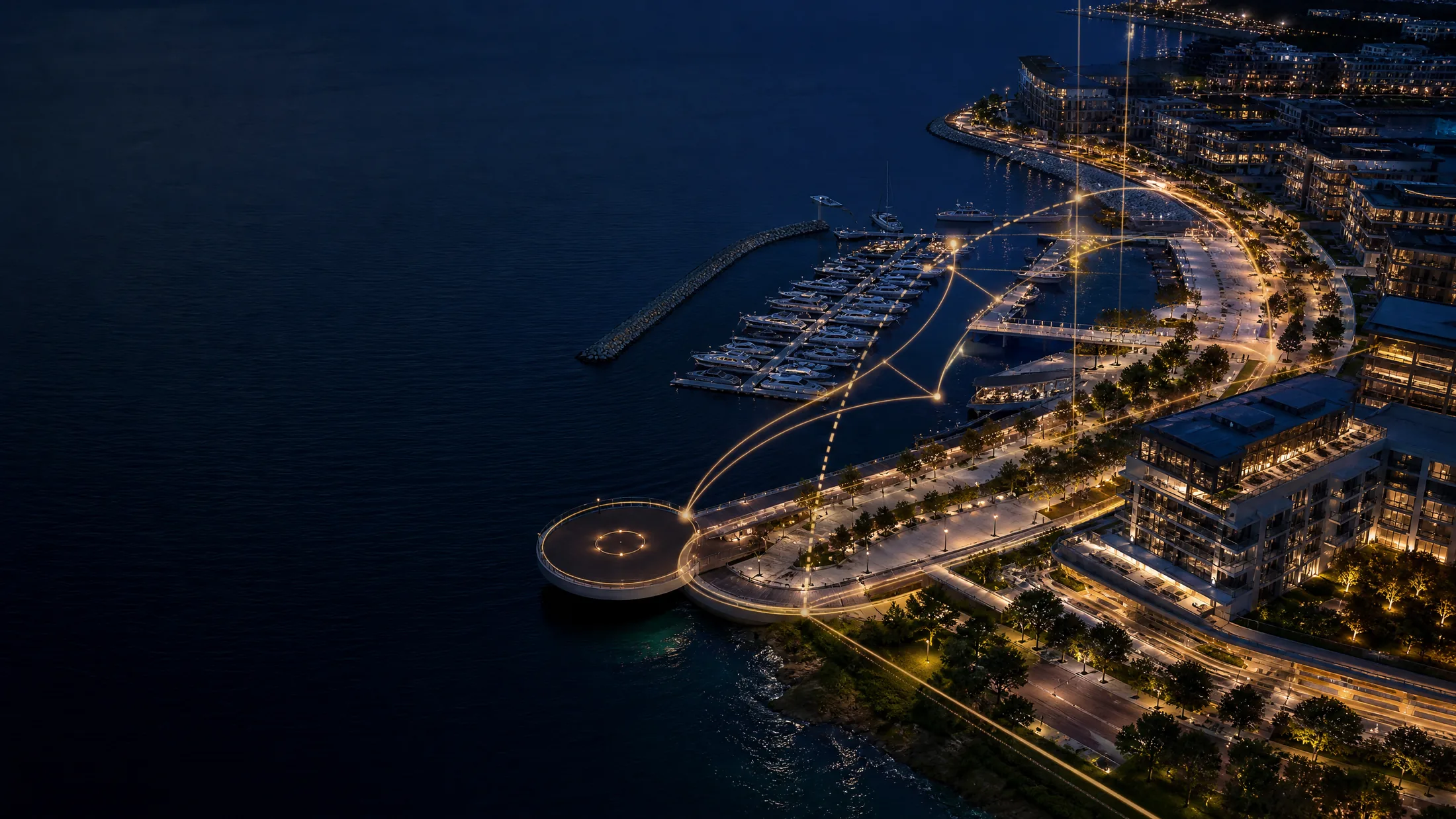 Conceptual illuminated waterfront district with marina access and civic infrastructure